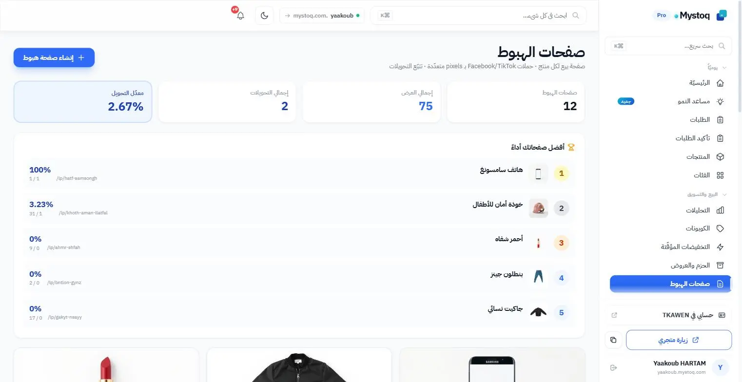 صفحات الهبوط — لوحة تحكّم Mystoq